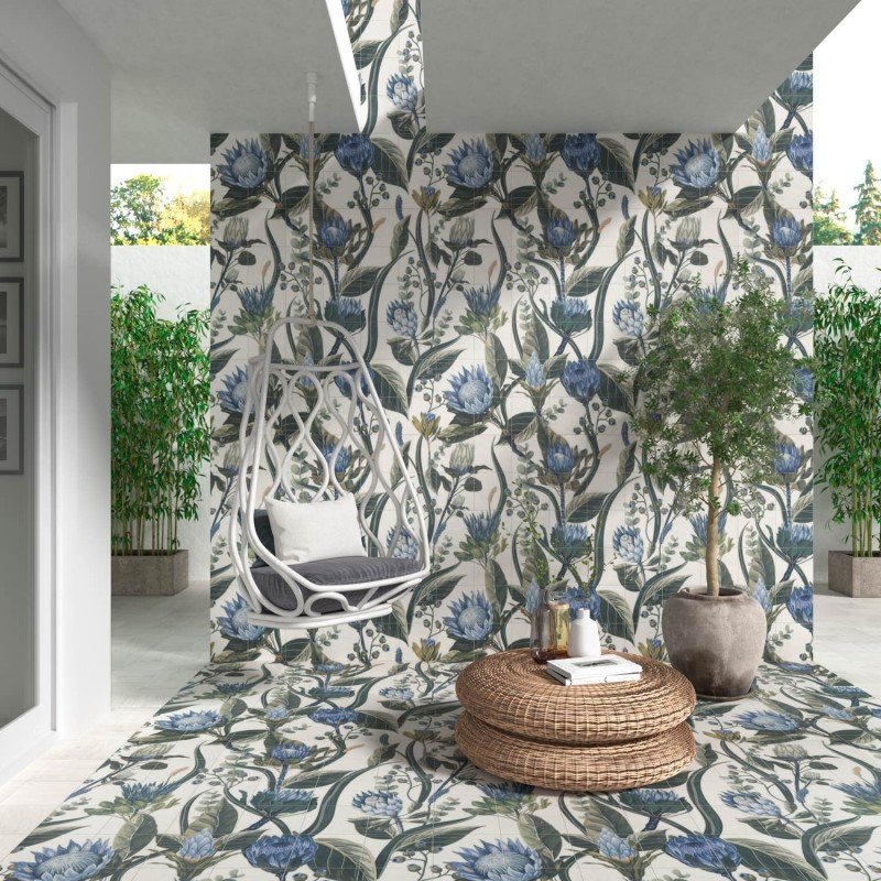 Fresque Blue Leaves 20×20 – Carrelage décoratif (ensemble de 1,44 m²)