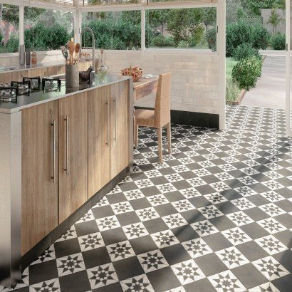 Sevilla White 20x20 - Carrelage géométrique blanc et noir pour sol effet carreaux de ciment antidérapant (carton de 1 m2)