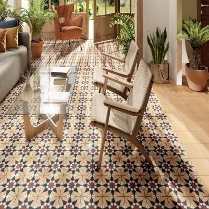 Sevilla Honey 20x20 - Carrelage géométrique jaune, noir et rouge pour sol effet carreaux de ciment antidérapant (carton de 1 m2)