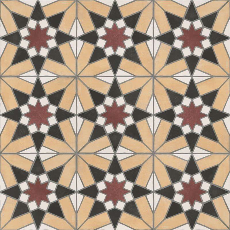 Sevilla Honey 20x20 - Carrelage géométrique jaune, noir et rouge pour sol effet carreaux de ciment antidérapant (carton de 1 m2)