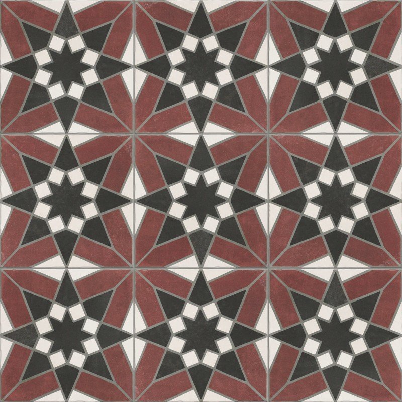 Sevilla Grenade 20x20 - Carrelage géométrique rouge pour sol effet carreaux de ciment antidérapant (carton de 1 m2)