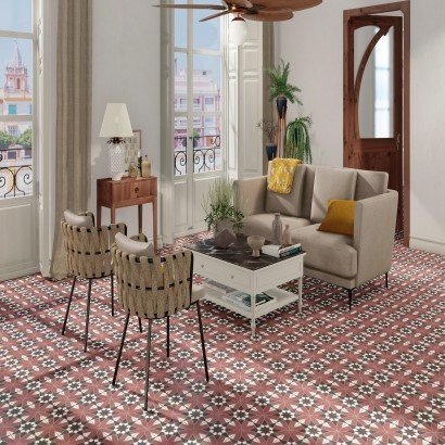 Sevilla Grenade 20x20 - Carrelage géométrique rouge pour sol effet carreaux de ciment antidérapant (carton de 1 m2)