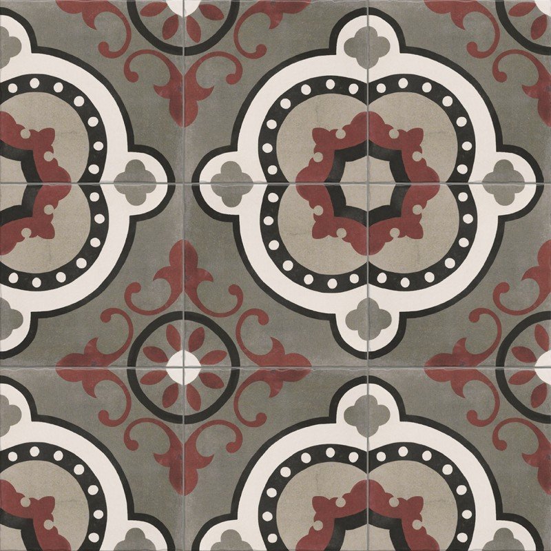 Barcelona Grenade - Carrelage décoratif rouge, blanc et gris 20x20 pour sol style carreaux de ciment (carton de 1 m²)