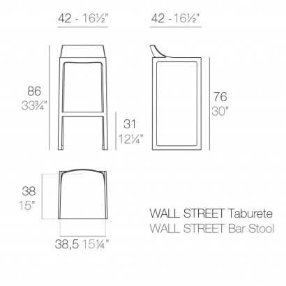 Tabouret Vondom Wall Street 42x42x86 - Noir - Lot de 2 unités