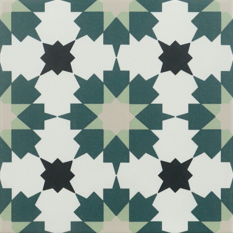 Infusion Amparo 20x20 - Carrelage géométrique vert, noir et blanc cassé (carton de 1 m²)