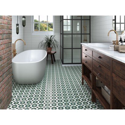 Infusion Amparo 20x20 - Carrelage géométrique vert, noir et blanc cassé (carton de 1 m²)