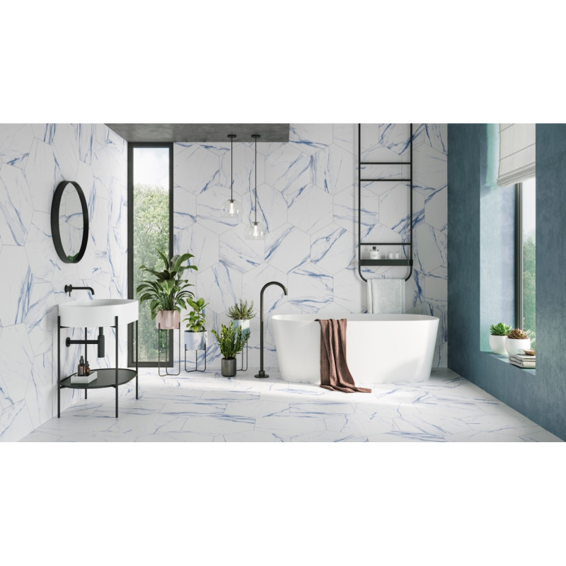 Thassos Blue 56x48,5 – Carrelage hexagonal blanc et bleu (carton de 1,20 m²)