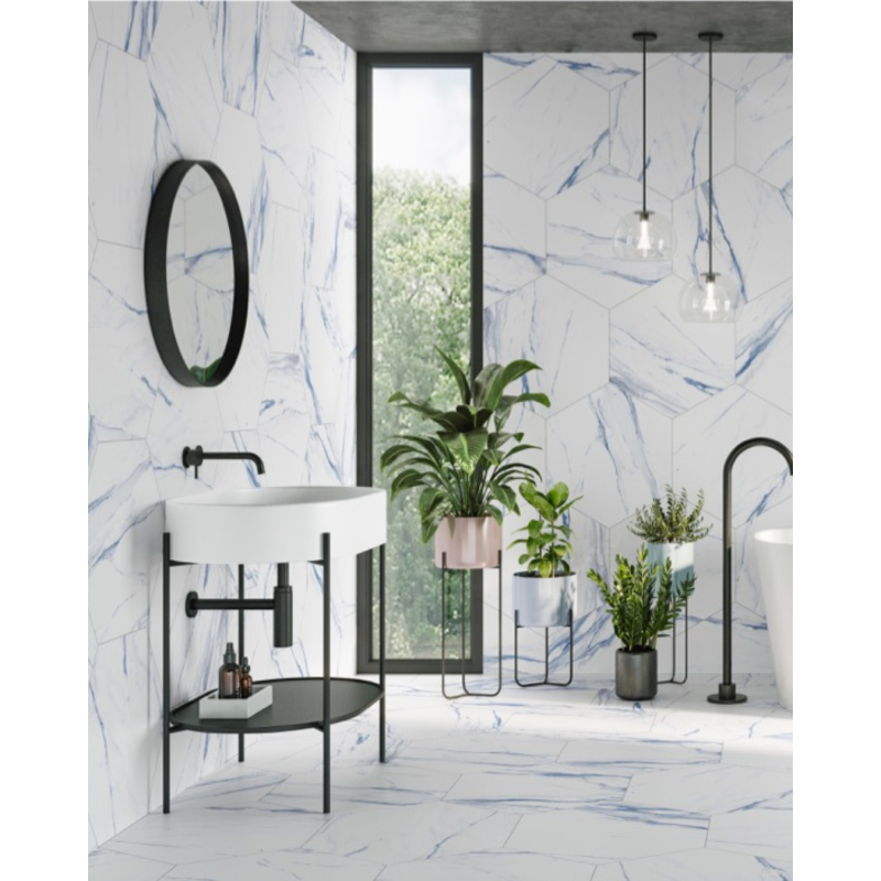 Thassos Blue 56x48,5 – Carrelage hexagonal brillant (carton de 1,20 m²)